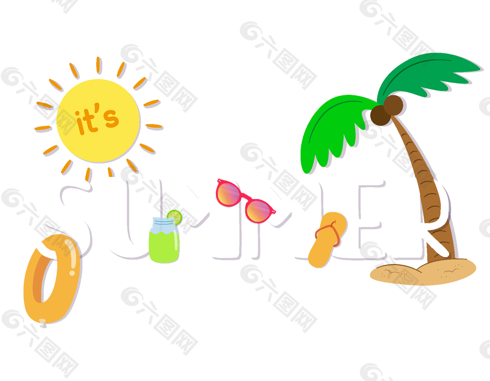 清新卡通扁平椰子树太阳夏天矢量元素