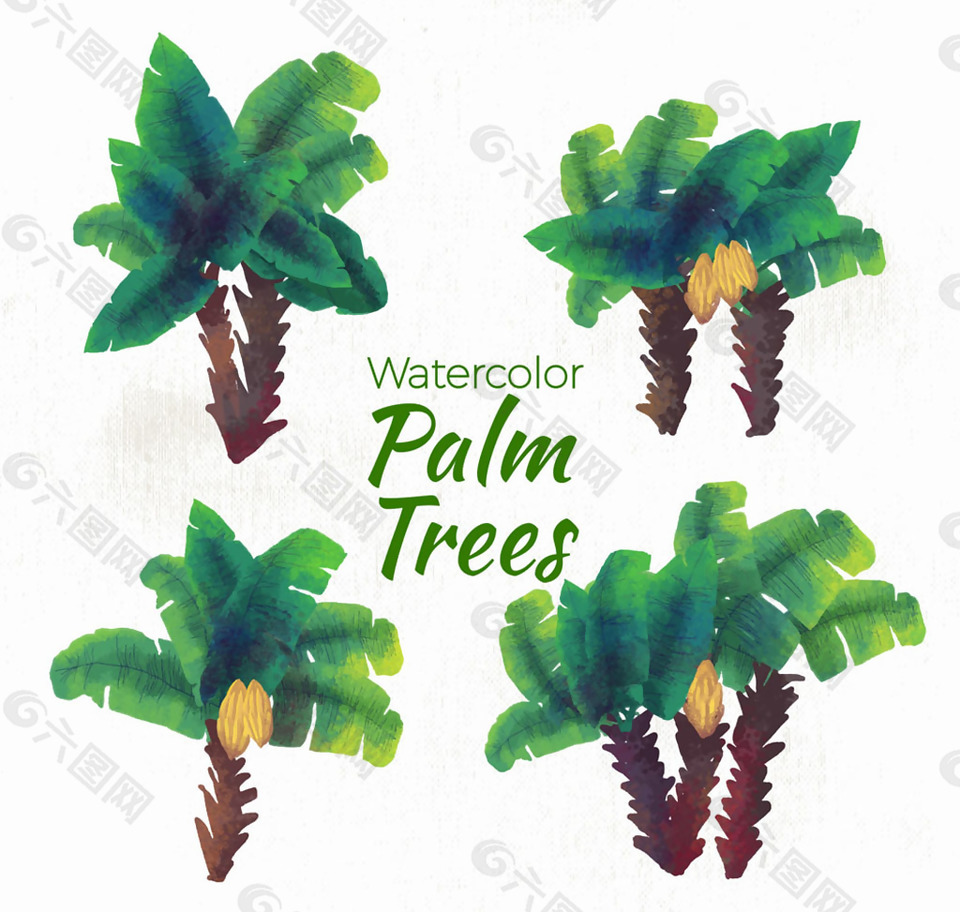 4款水彩绘绿色棕榈树矢量图