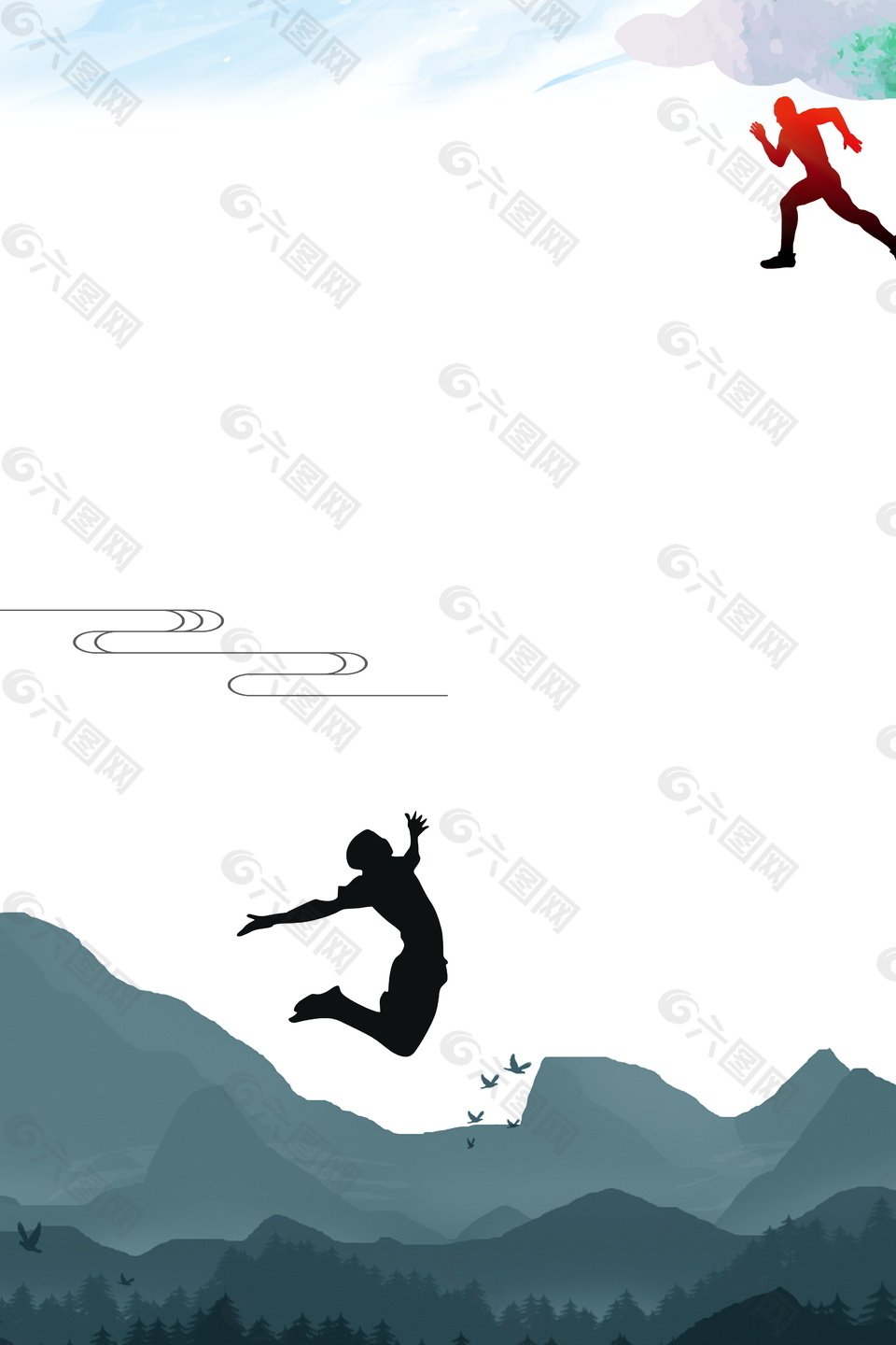 彩绘五四青年节远山奔跑梦想海报背景素材