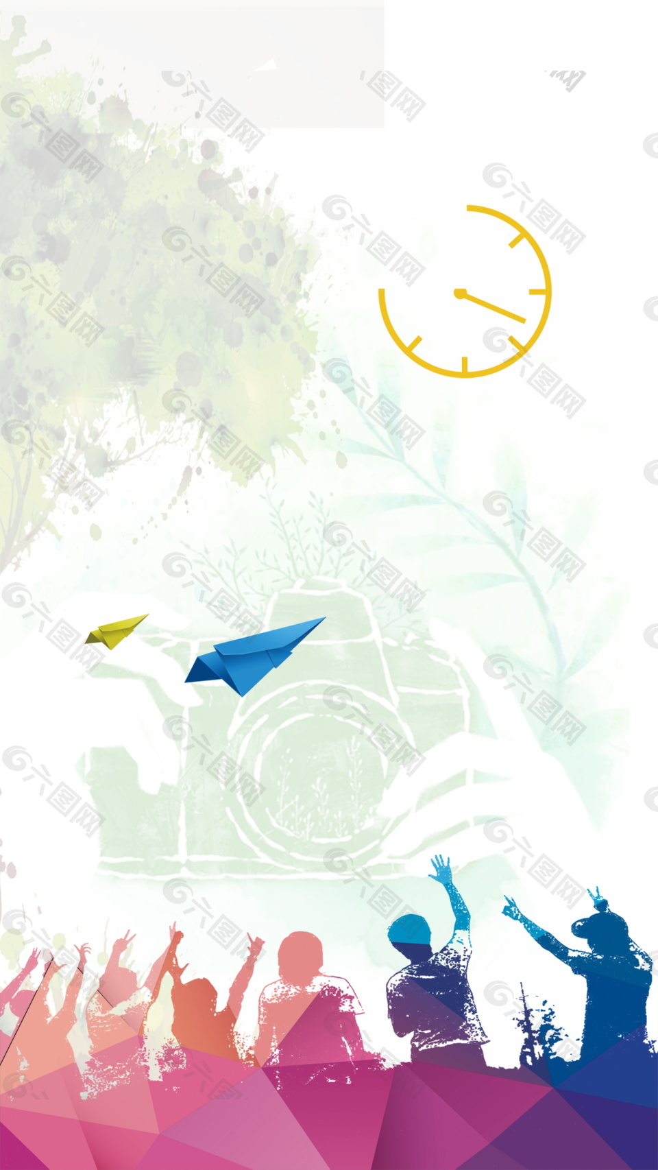 彩绘五四青年节纸飞机时钟海报背景设计