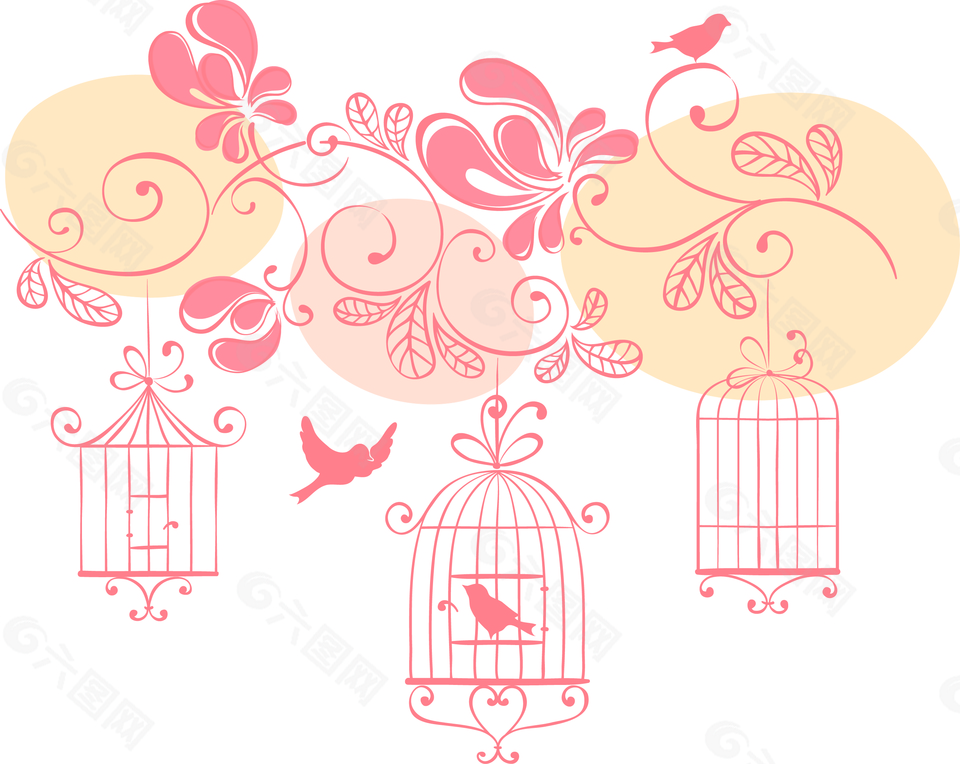 手绘小鸟和鸟笼插画