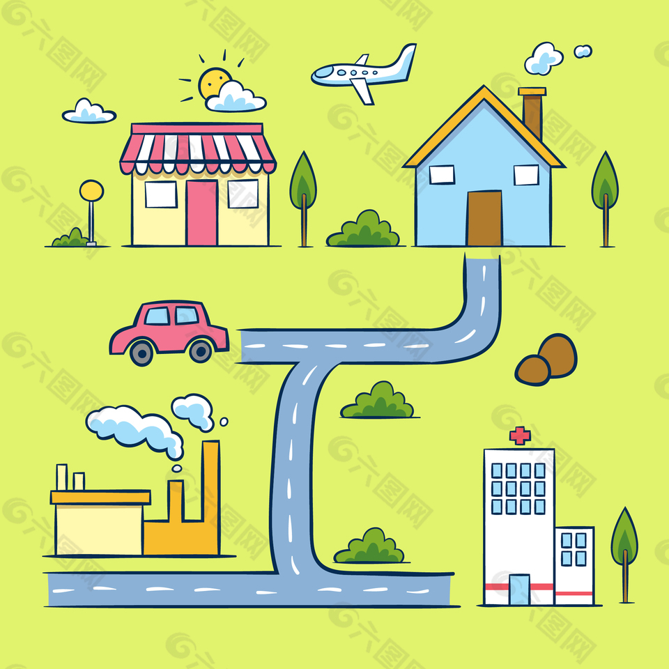 彩绘房屋街道地图矢量