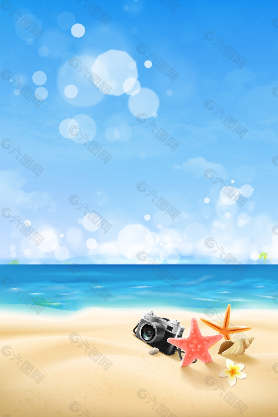 清新海边沙滩海星相机海报背景