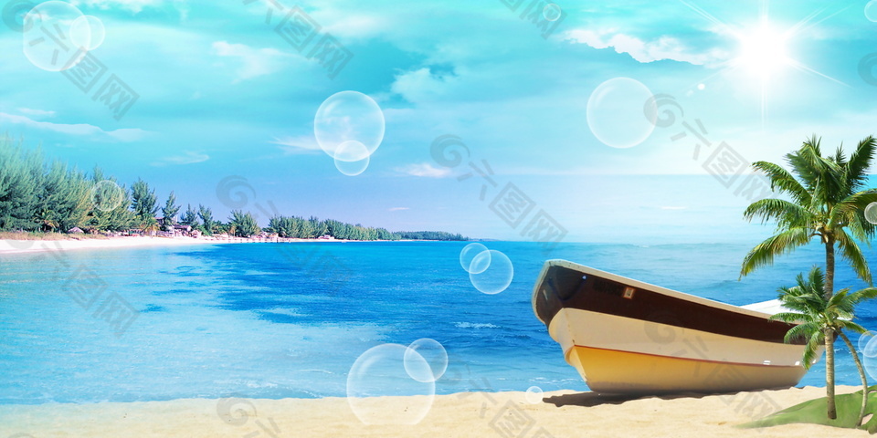 蓝色大海沙滩船只背景图