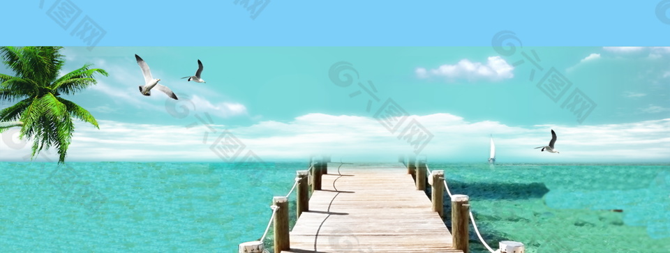 清新夏日海边栈板背景