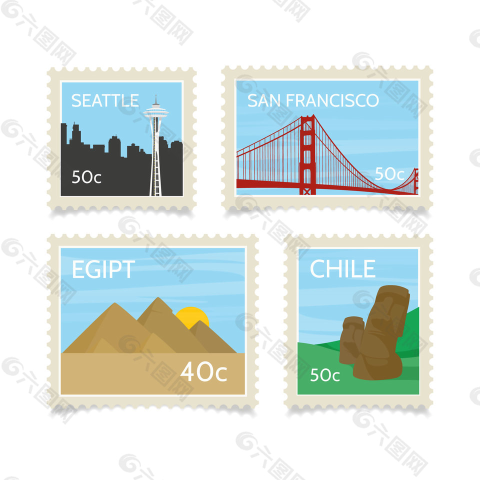4款外国标志性建筑英文邮票图案
