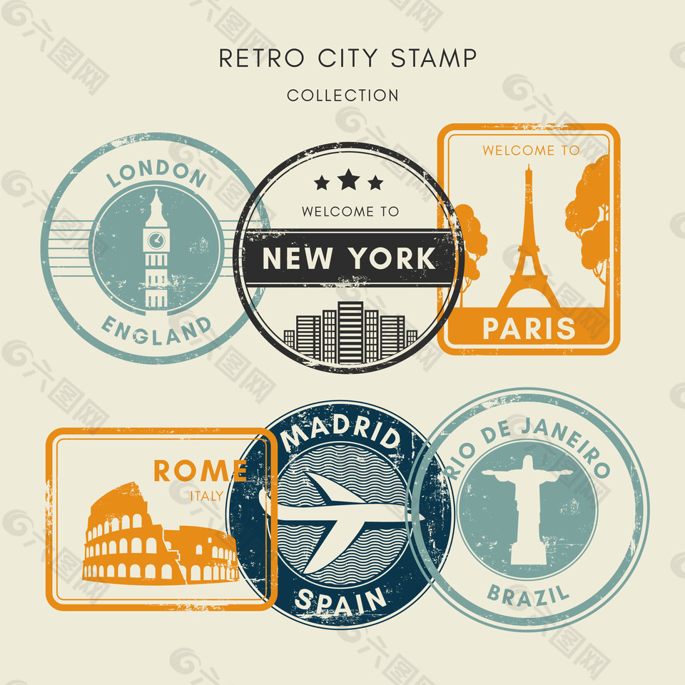 6款其它国家标志性建筑邮票图案元素