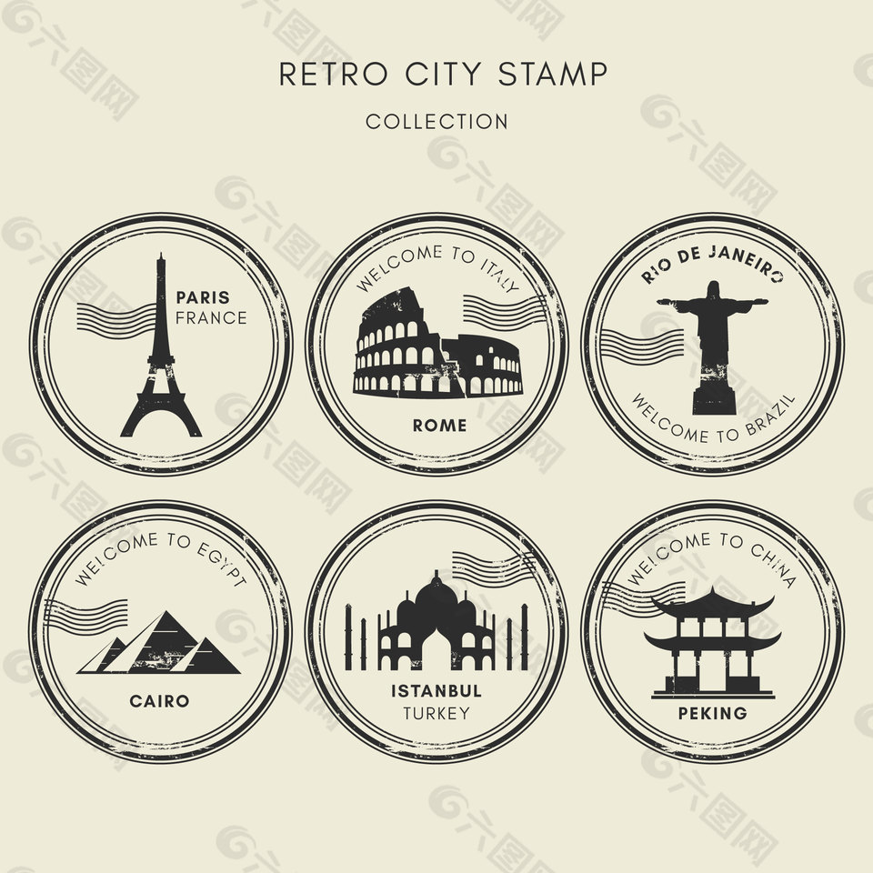 6款灰色圆形其它国家标志性建筑邮票