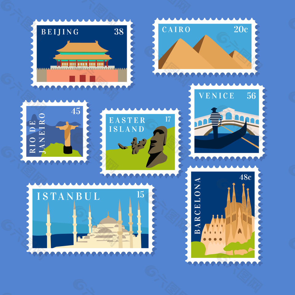 7款清新世界标志性建筑邮票元素