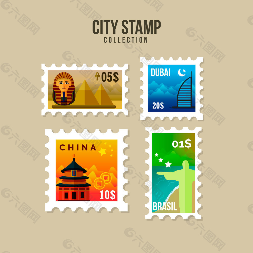 4款炫彩清新世界建筑标志邮票元素