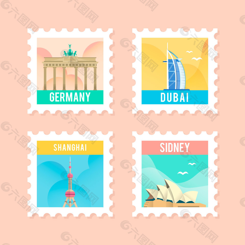 4款清新旅游景点建筑邮票元素