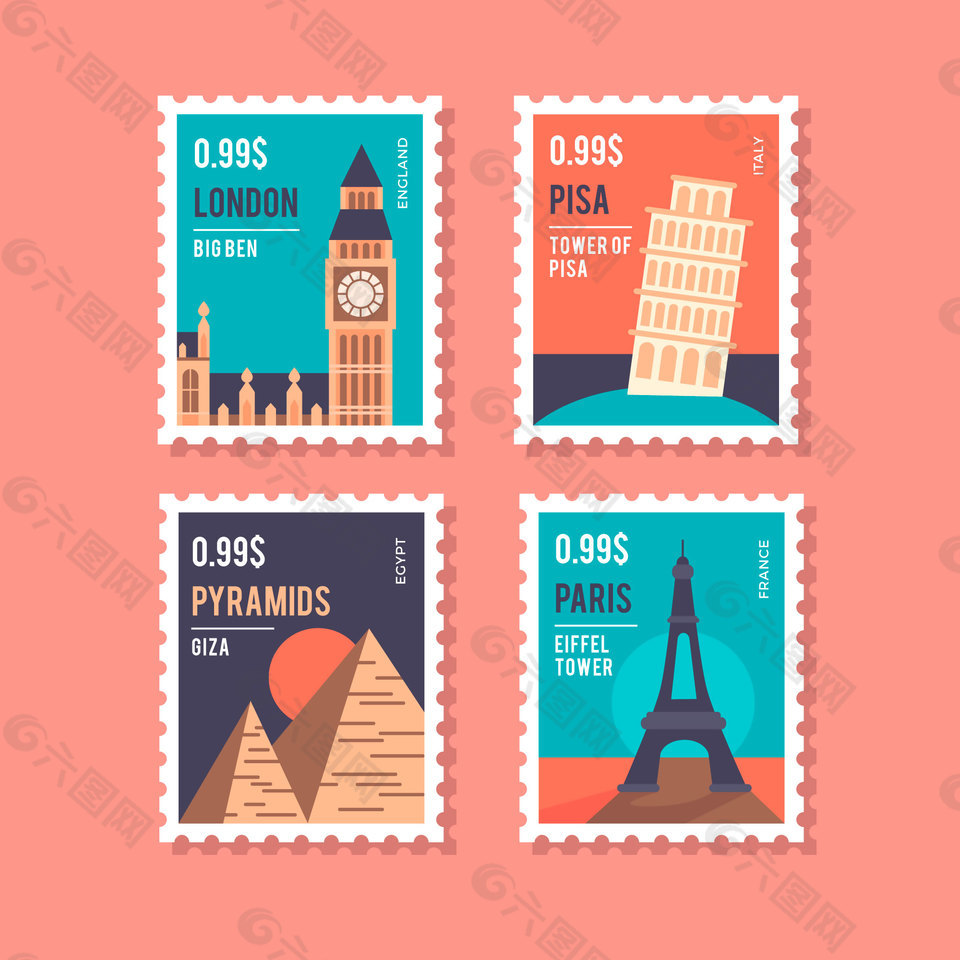 4款外国标志性建筑邮票元素