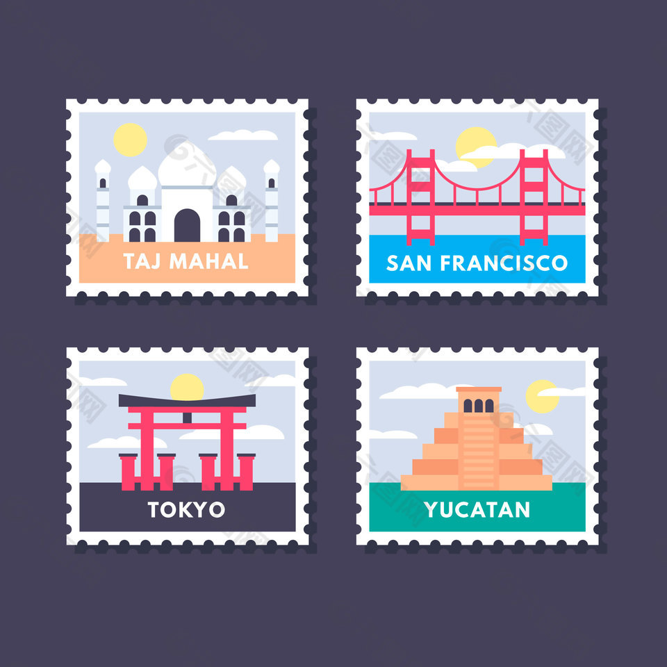 4款卡通世界标志性建筑邮票元素