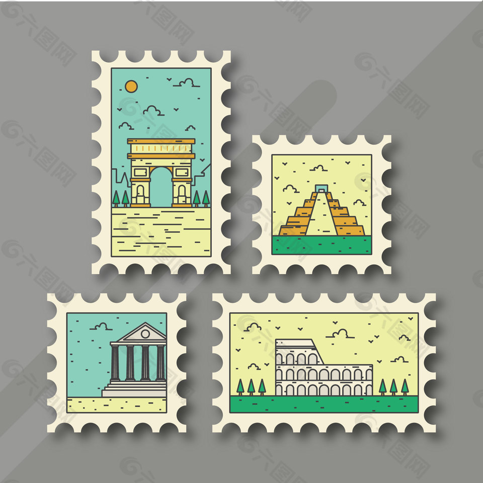 4款卡通建筑邮票元素