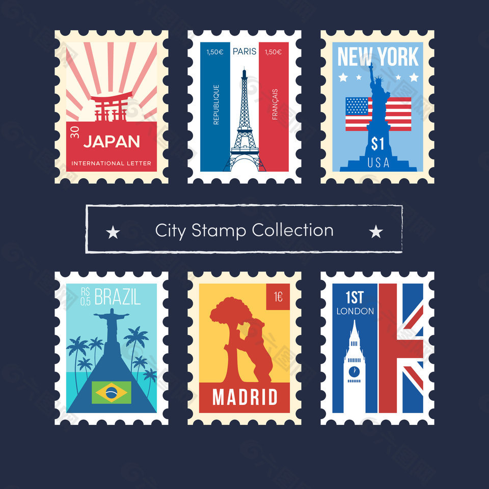 6款彩色各国标志性建筑旅游邮票元素