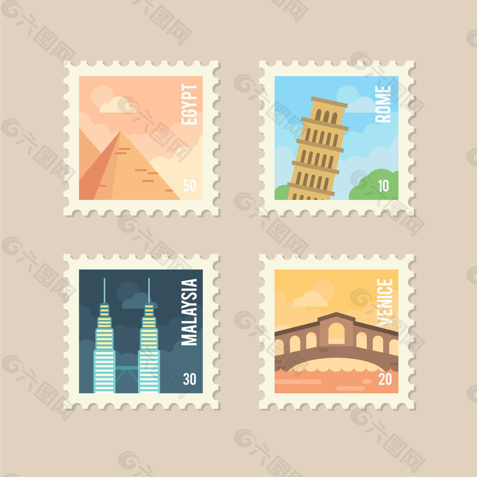 4款清新卡通标志性建筑邮票元素