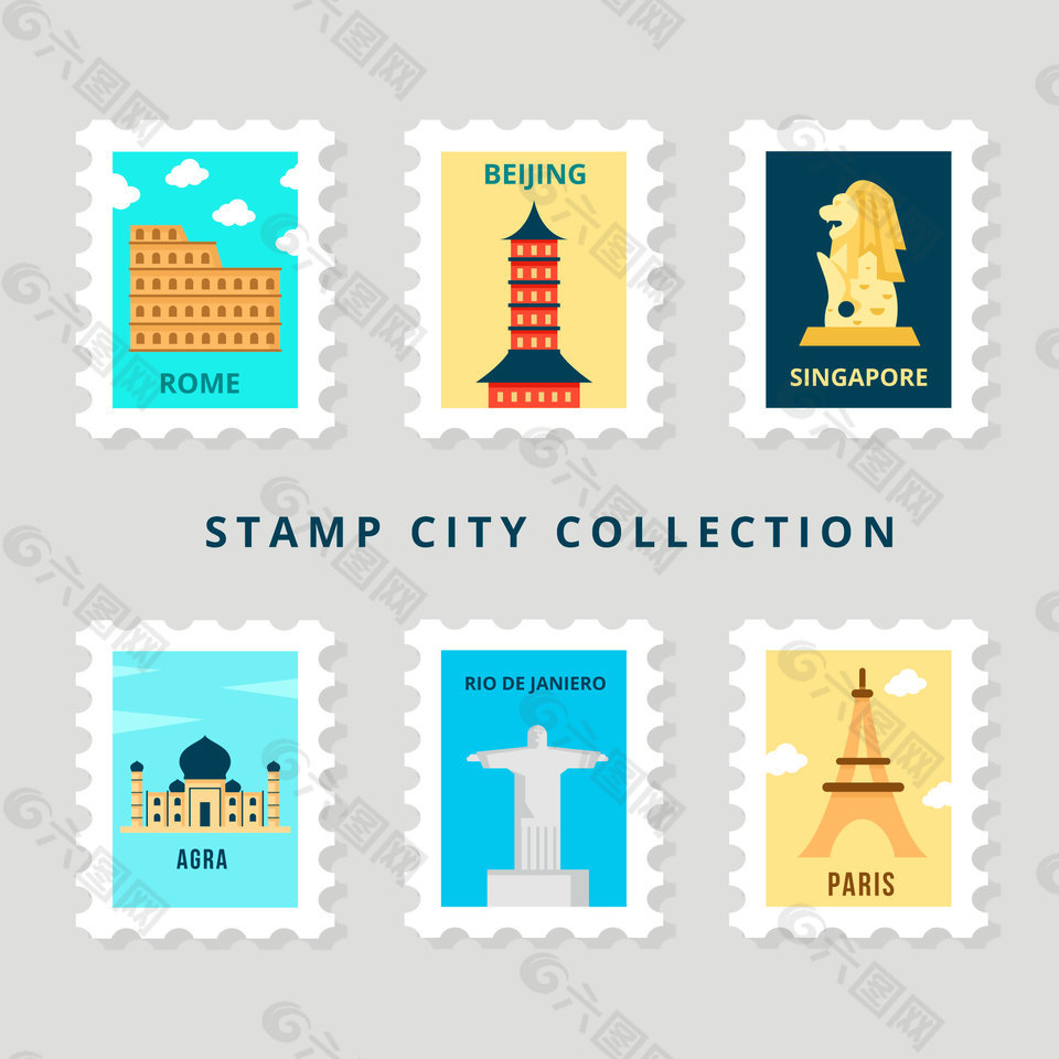 6款清新标志性建筑邮票EPS素材