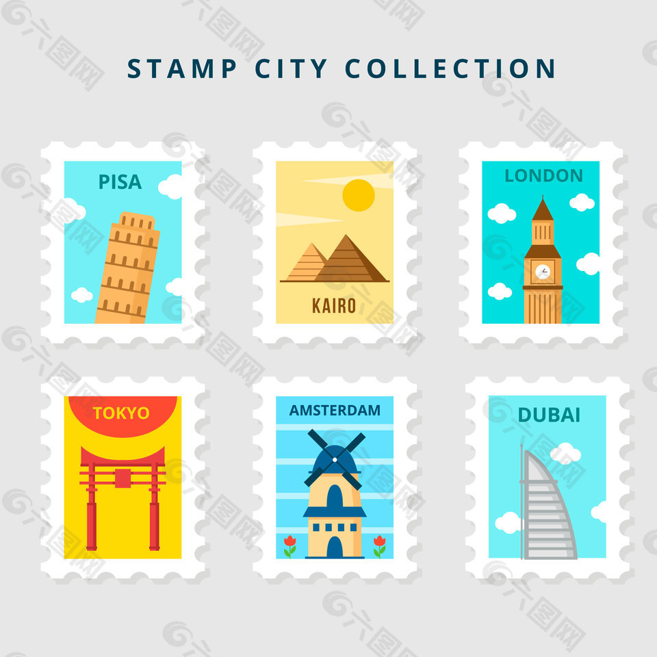 6款清新建筑邮票装饰