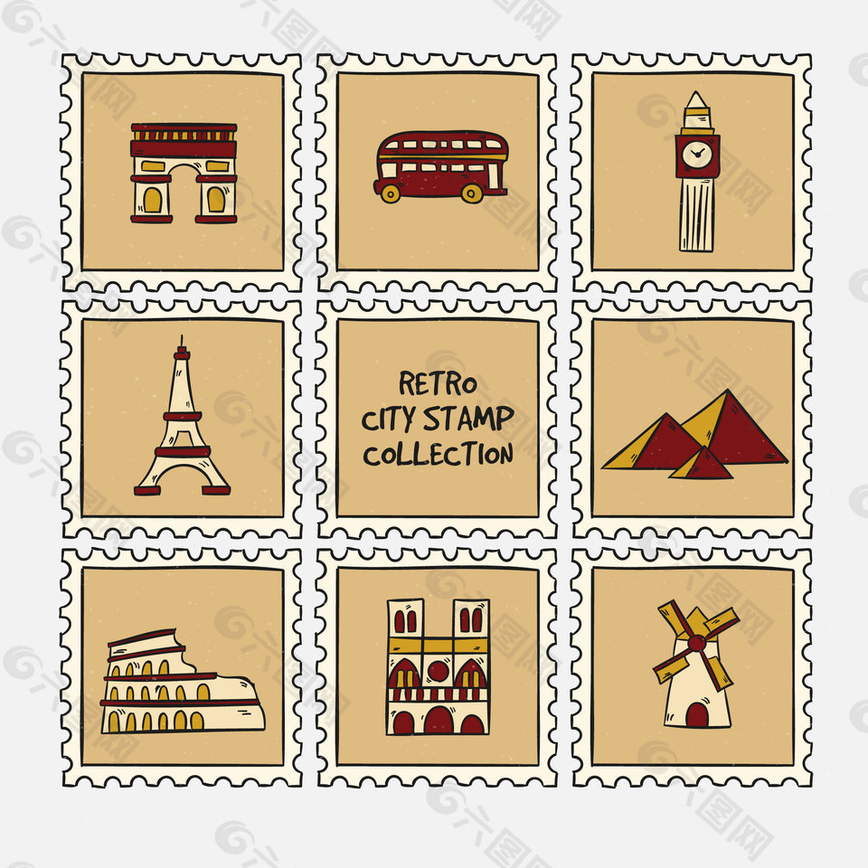 9款世界标志性建筑邮票元素