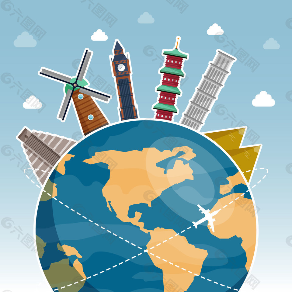 卡通环球世界旅游标志性建筑EPS元素