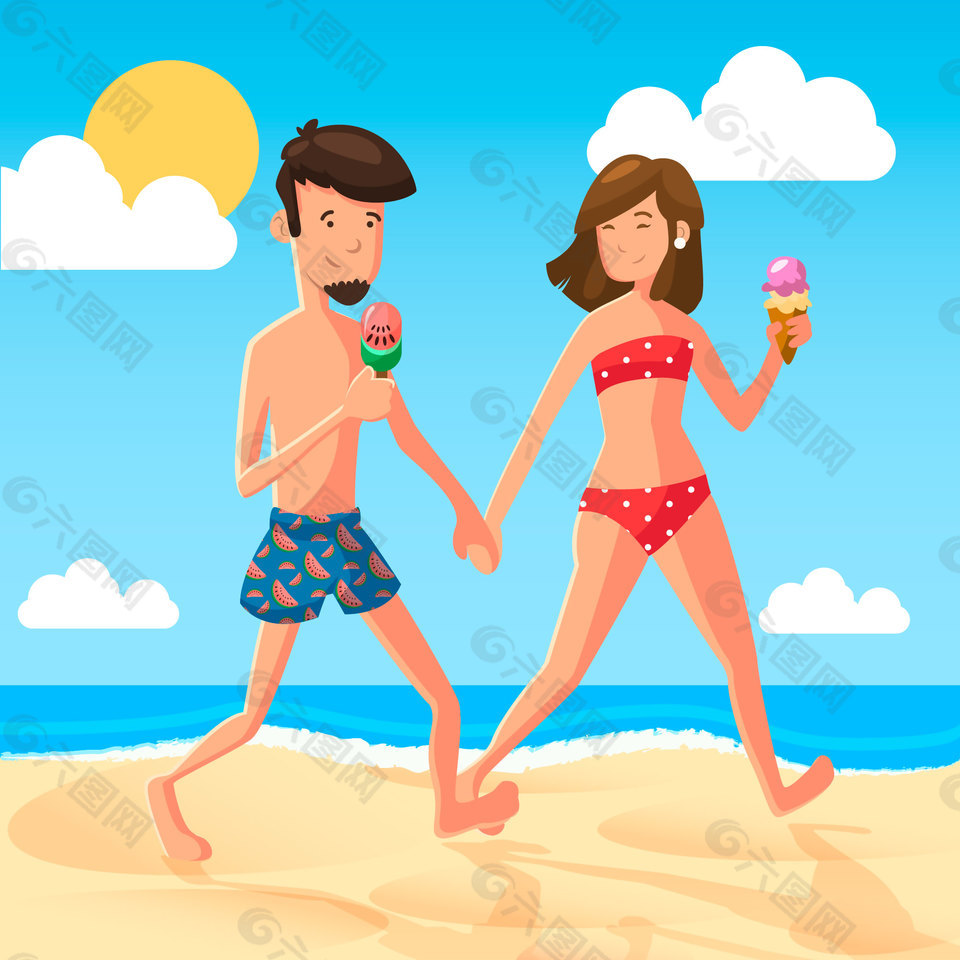 夏季海滩边吃着冰淇淋的卡通男女图案