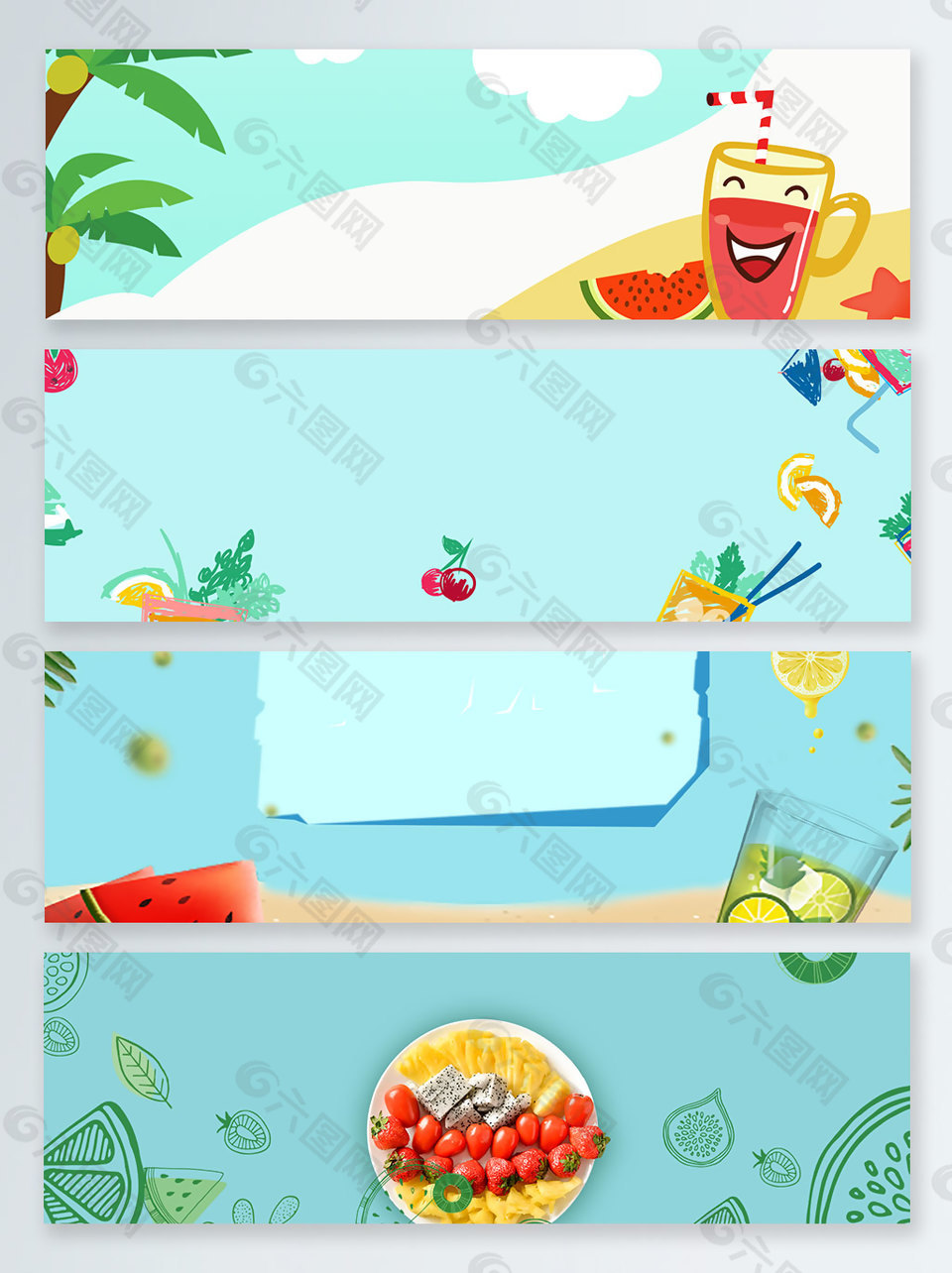 西瓜汁蓝色夏季食品banner背景