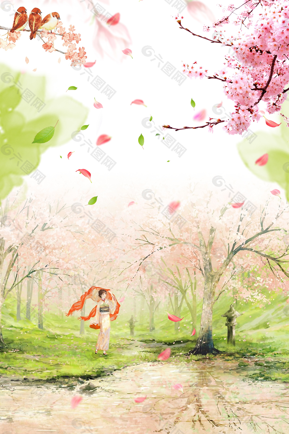 手绘春季樱花节旅游背景
