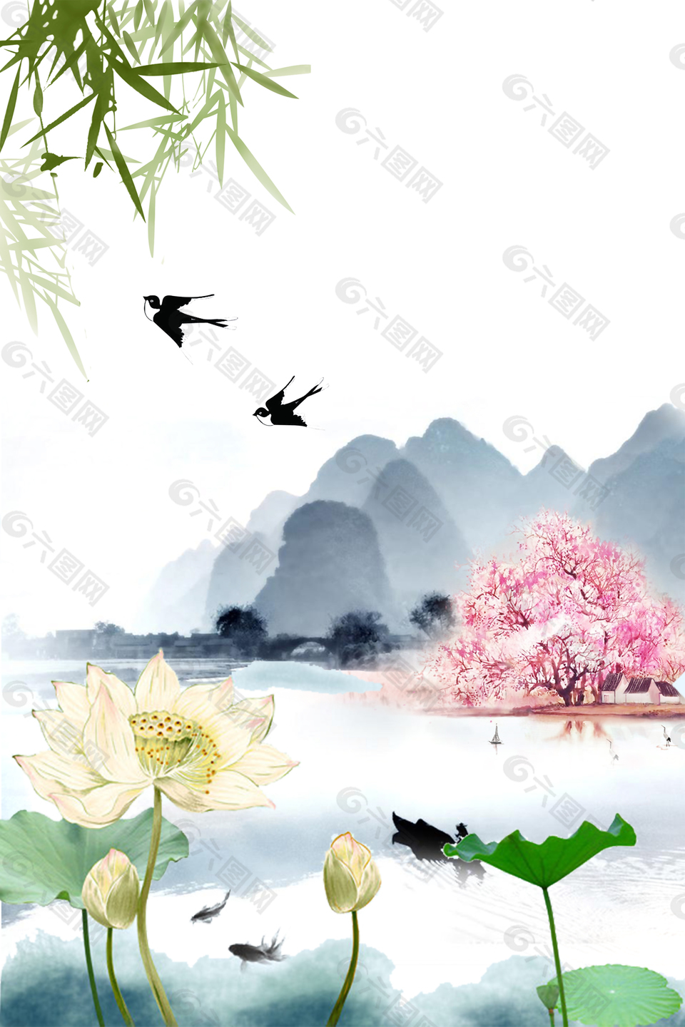 荷花中国风山水画背景