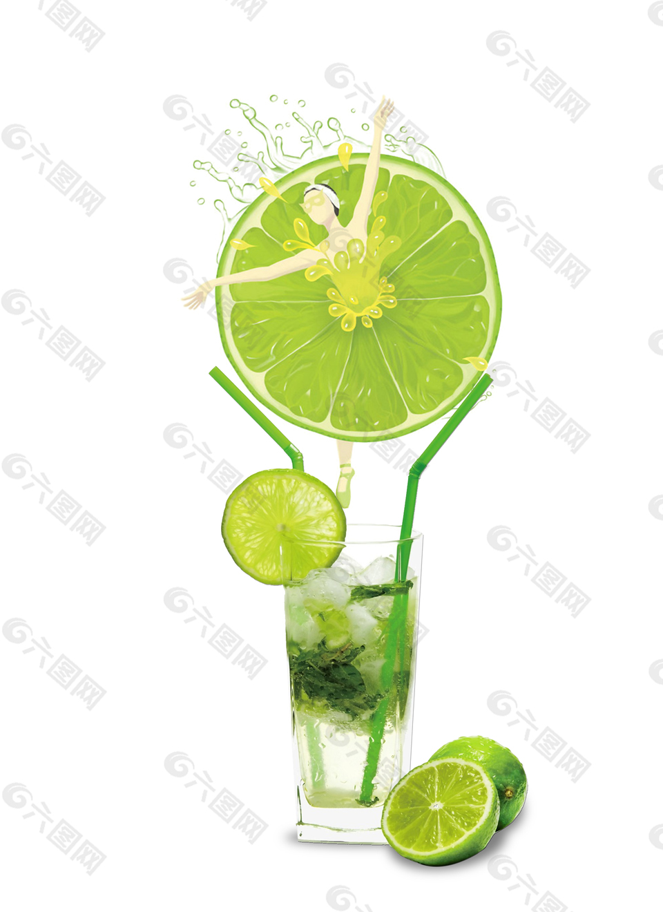 绿色清新夏季柠檬冷饮果汁插画元素