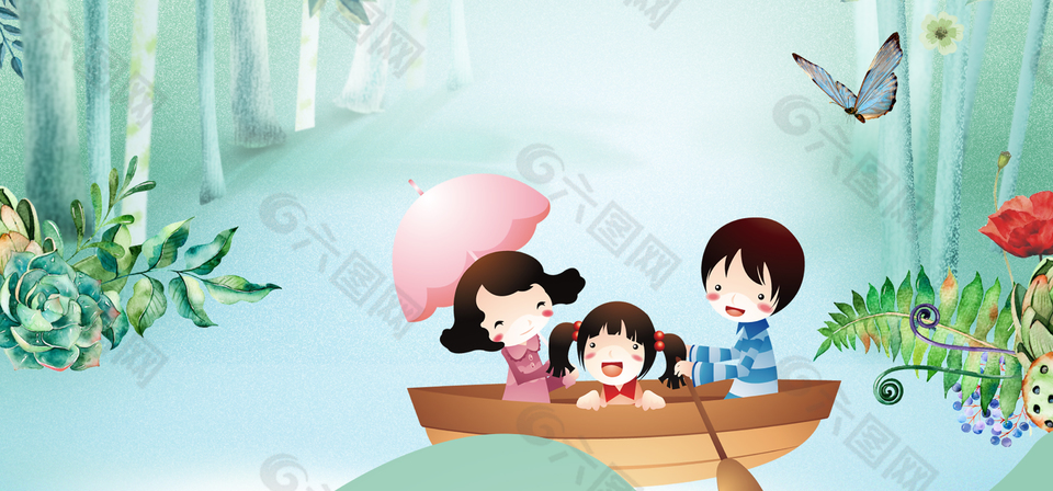 家庭出游母亲节卡通童趣绿色背景