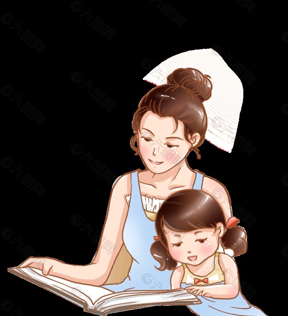 手绘卡通母亲孩子读书装饰素材