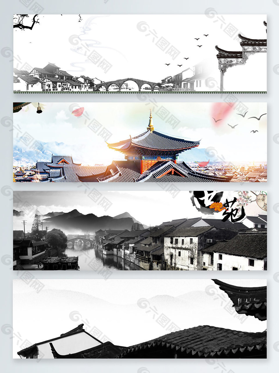 水墨古建筑世界古迹旅游banner背景