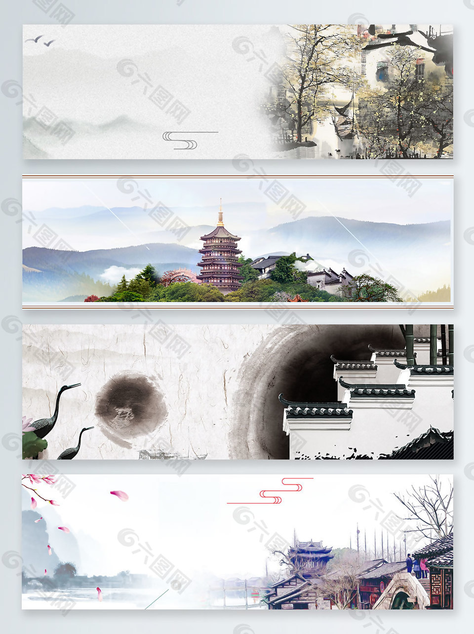 中国风水墨世界古迹旅游banner背景