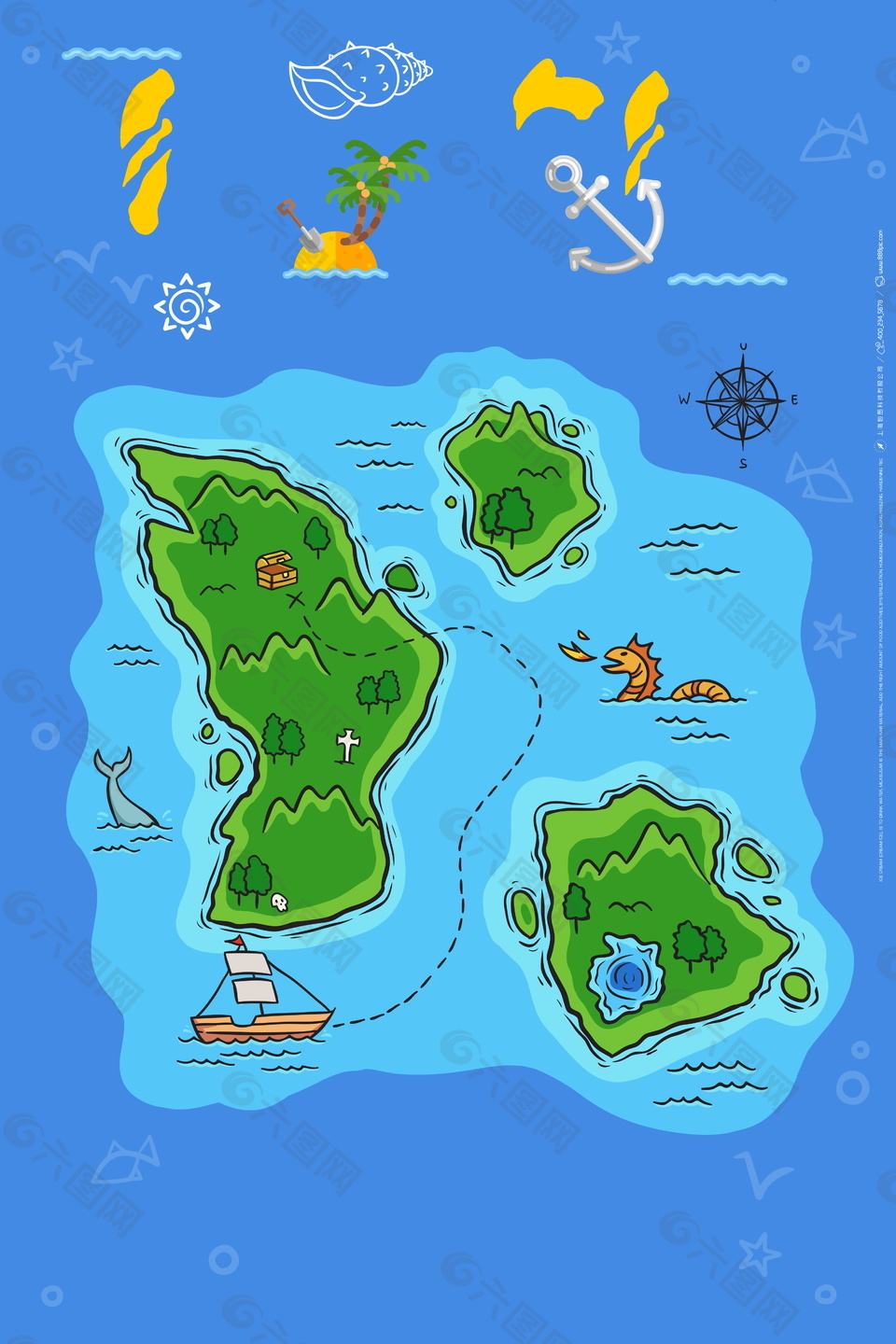 手绘卡通海岛帆船地形图海报背景设计