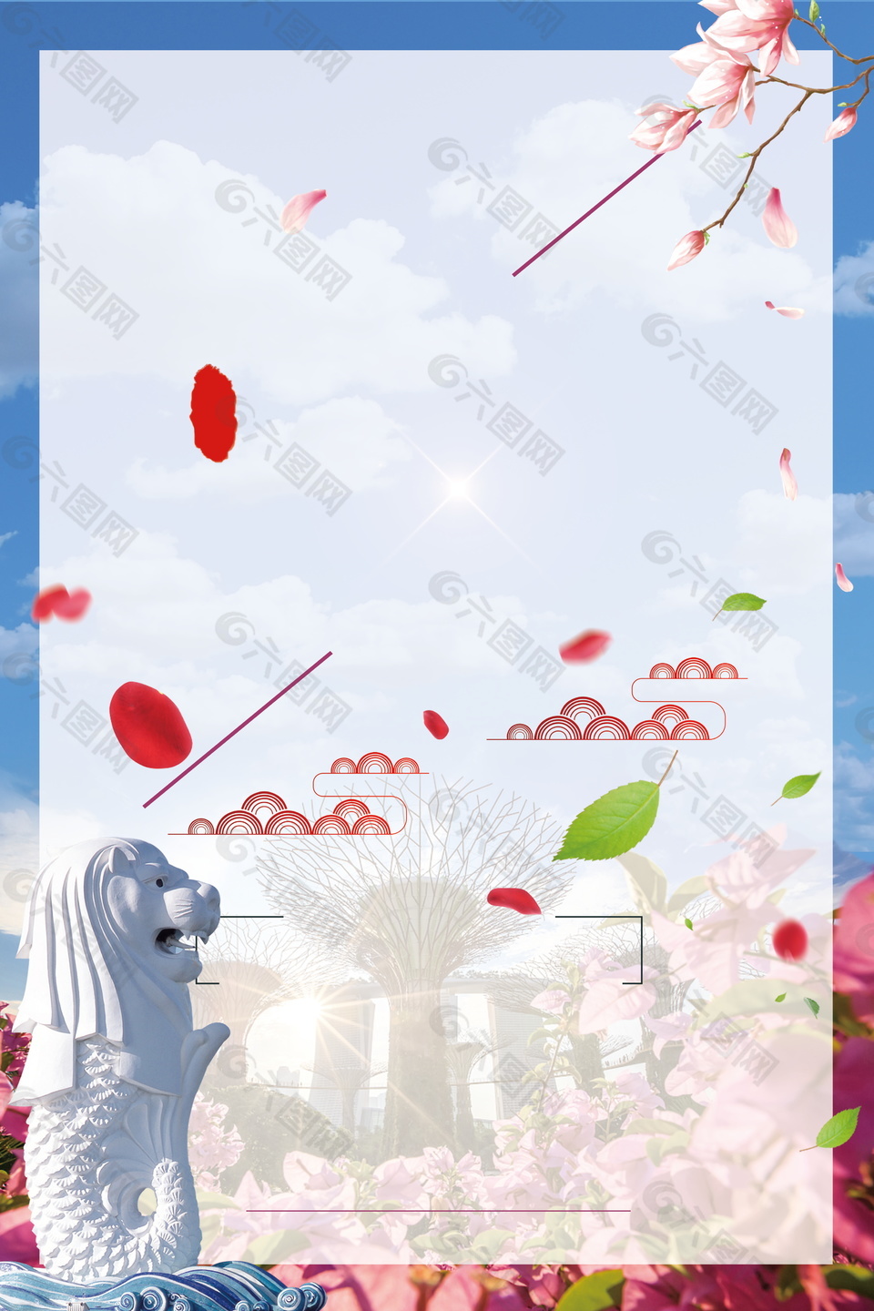 新加坡标志建筑花瓣边框旅游海报背景设计