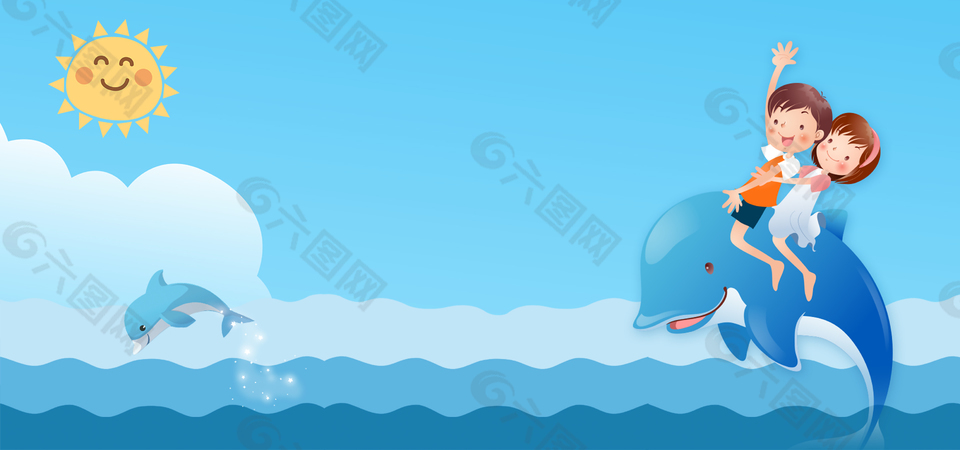 61儿童节海边海豚玩乐蓝色背景