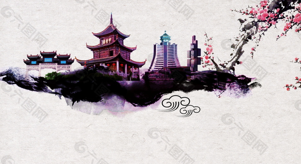 中国风花枝建筑贵阳旅游海报背景设计