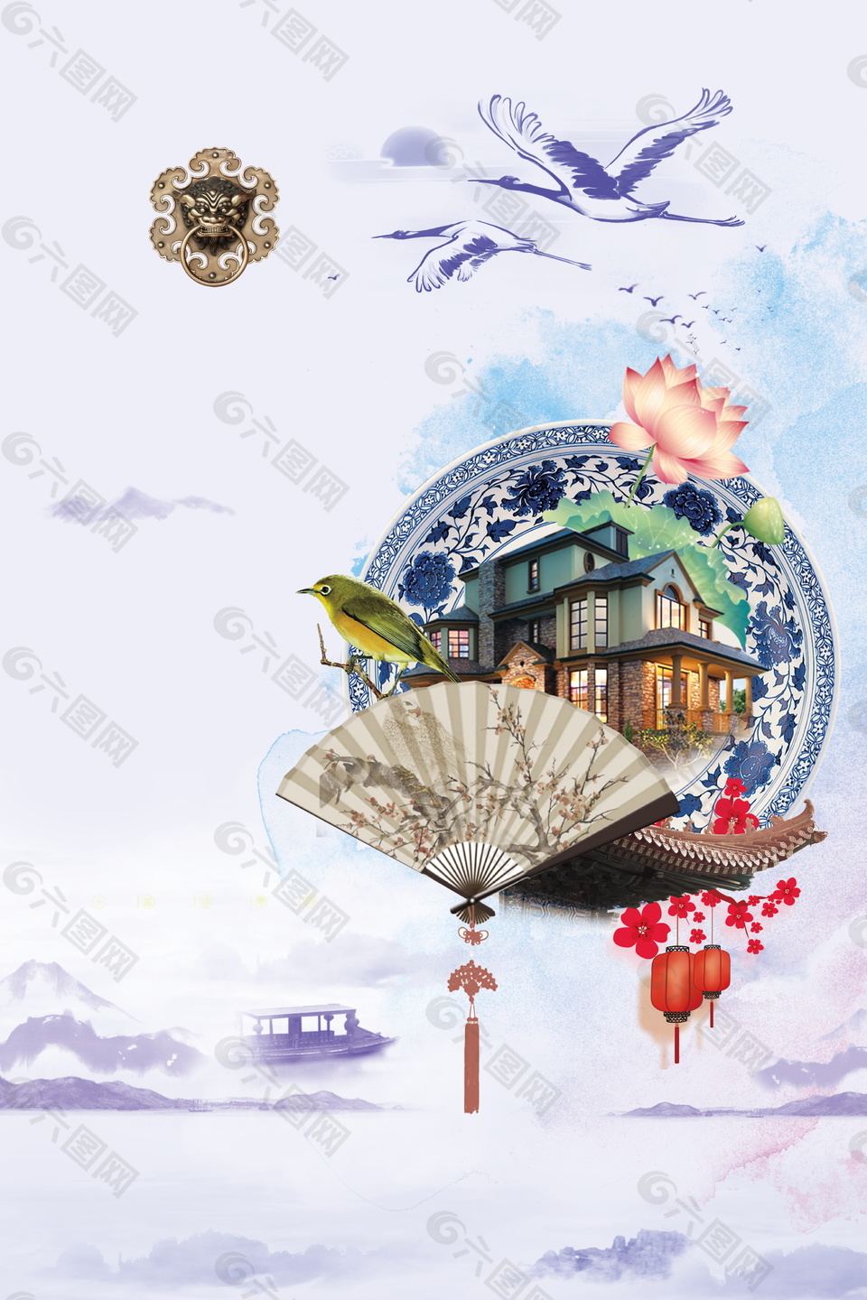 中国风扇子青花瓷海报背景设计