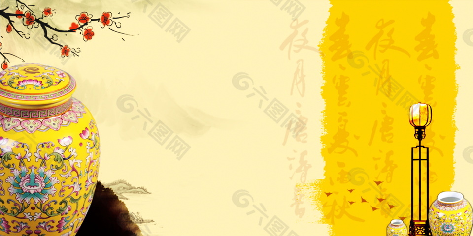 古风黄色青花瓷艺术背景banner素材