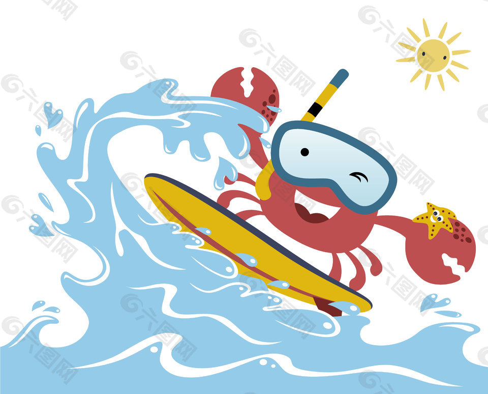 可爱爽快海上冲浪螃蟹儿童插画