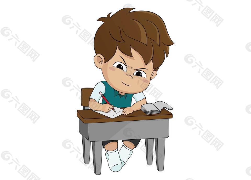 卡通学生在桌子上写作业png元素