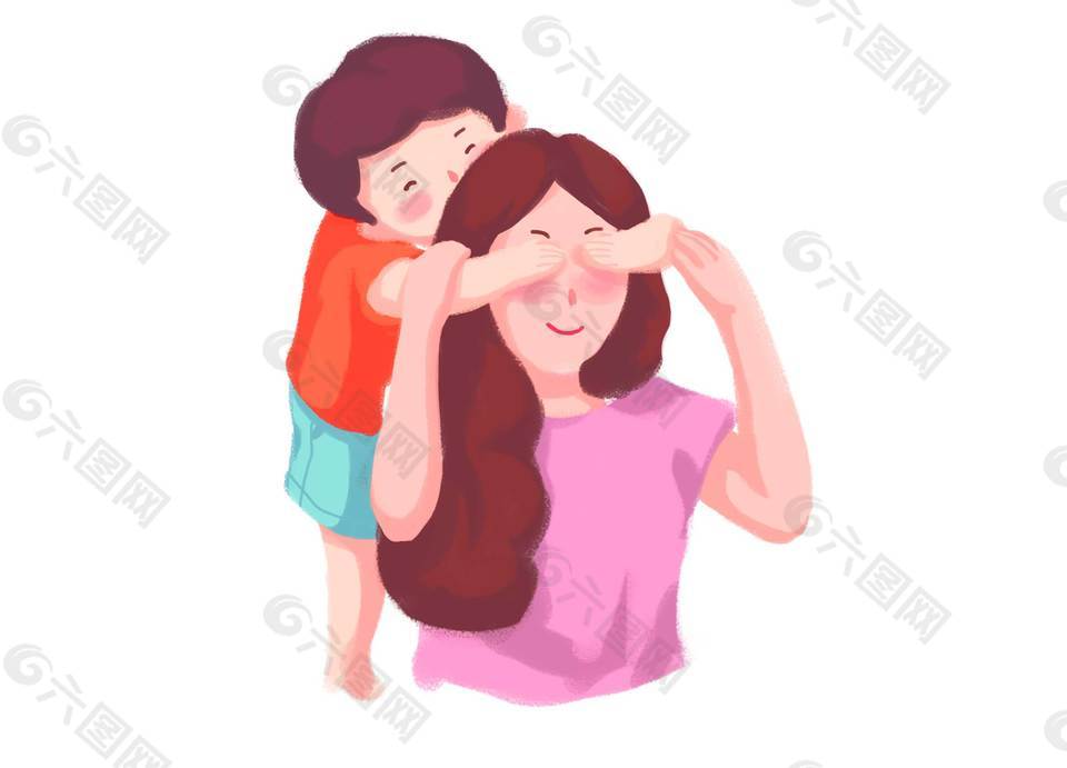 卡通儿子遮住妈妈的眼睛png元素