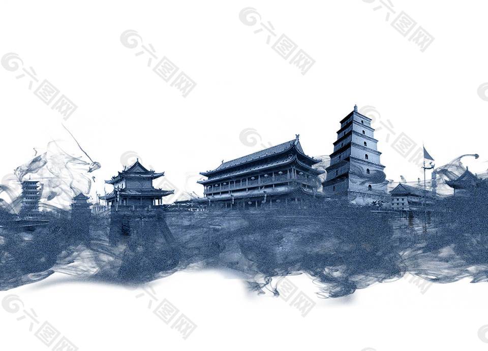 中国风水墨宫殿风景png元素