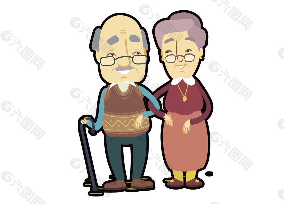 卡通扁平爷爷奶奶依偎png元素