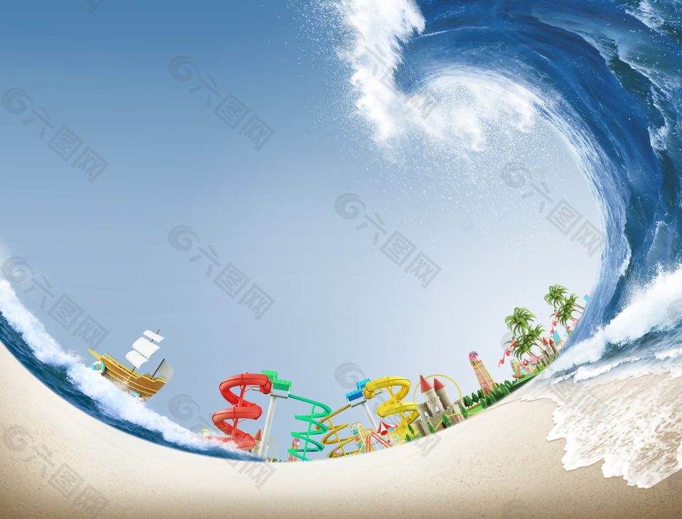 巨浪沙滩冲浪海报背景素材
