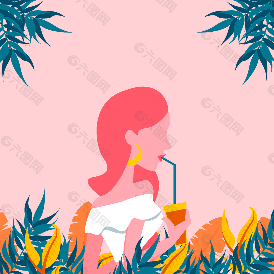 卡通扁平粉色女孩喝饮料矢量背景