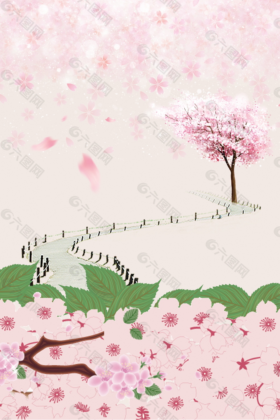 彩色手绘风景木制小路粉色樱花风景背景
