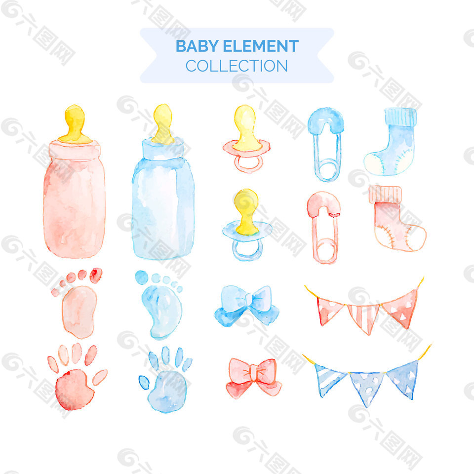 粉蓝色水彩婴幼儿产品装饰元素