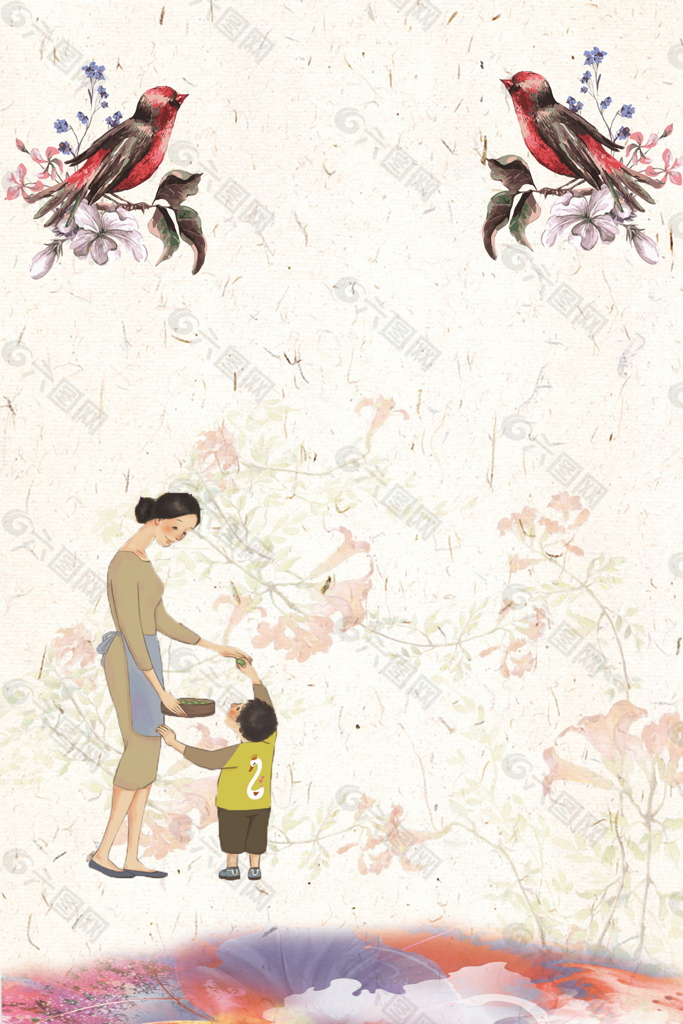 手绘母亲节两只喜鹊对唱花纹广告背景