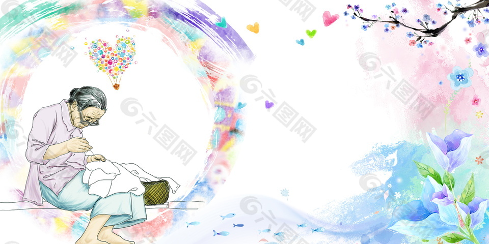 彩绘慈母缝衣母亲节广告背景素材